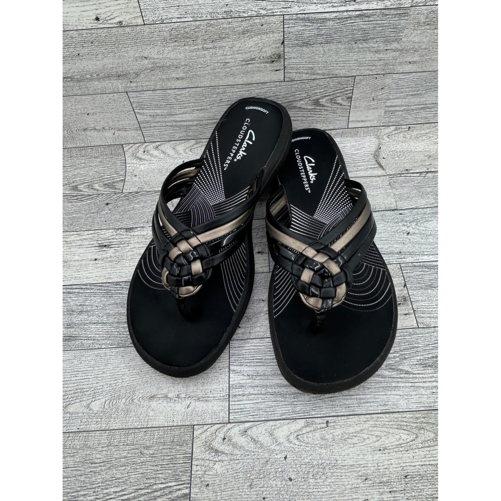 Clarks Cloudsteppers Arla Glison Black Pewter Flip Flop Sandals Women Sz 6 M